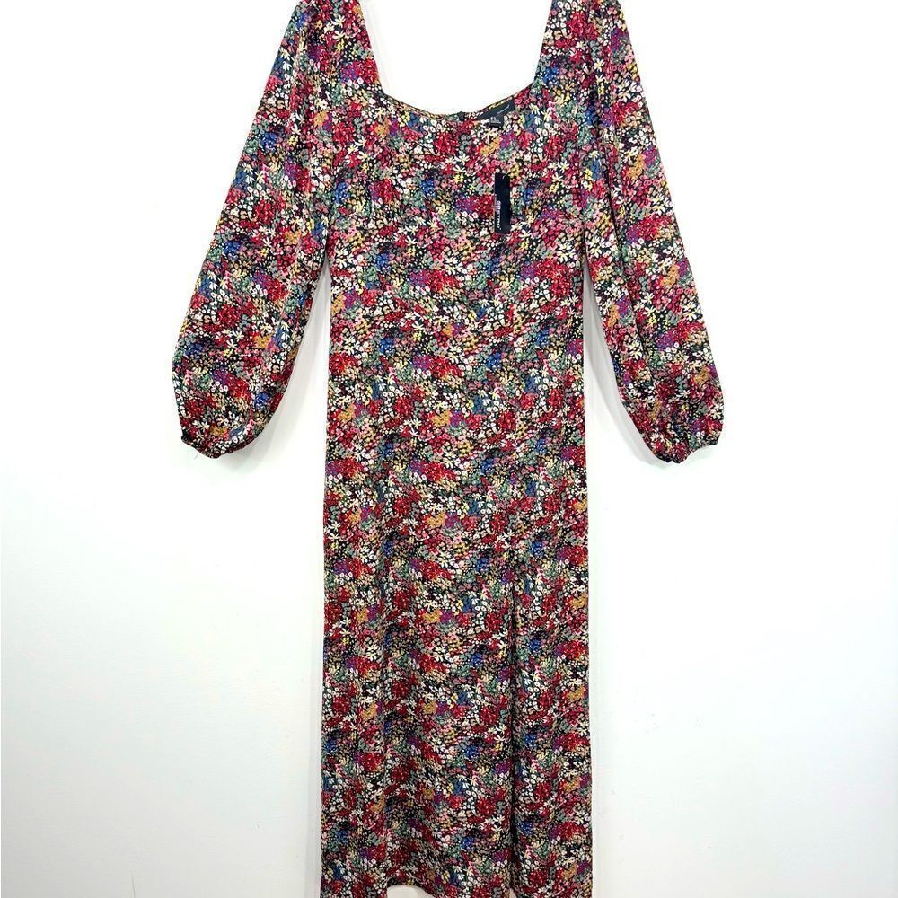 Suzanne Betro Colorful Floral Square Neck Puff Sleeve Empire Boho Maxi Dress NEW